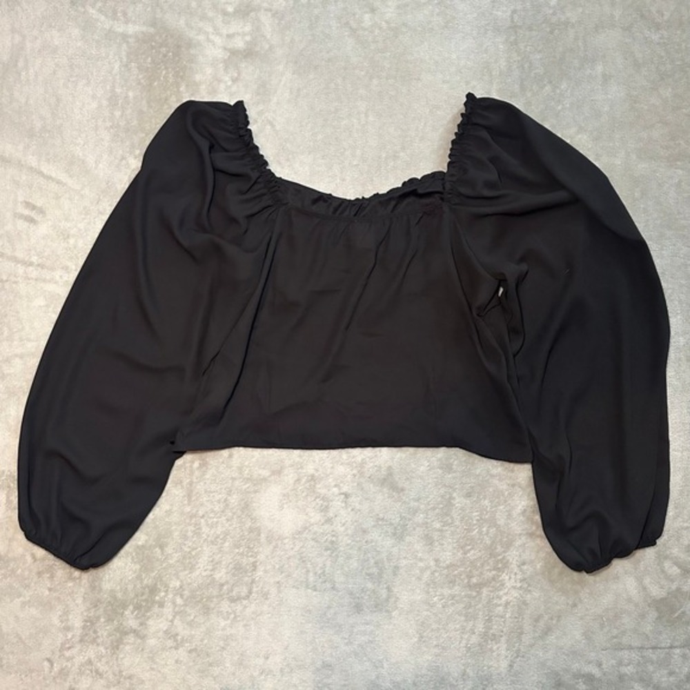 Abound Peasant Top Sz L Black Blouse Square Neck Ruched‎ Puff Sleeve Cottagecore - Picture 12 of 13